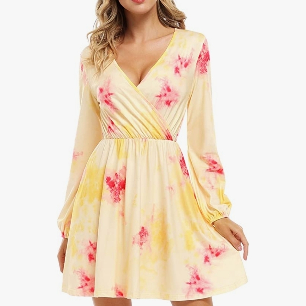 Leadingstar Yellow Tie-Dyed Long Sleeve Surplice Neckline Dress Size Large
